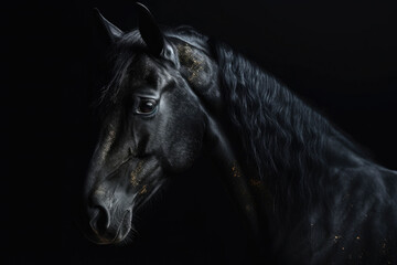 Fototapeta na wymiar Portrait of beautiful spellbinding black horse. Generative AI