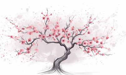  a painting of a tree with pink flowers on it's branches.  generative ai