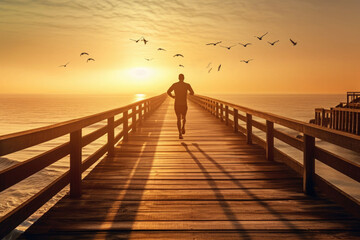 Man running on wooden boardwalk in sunrise seaside. Sports lifestyle. Generative AI