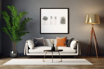 Stylish living room interior with sofa, coffee table, plants, pictures on wall. Generative AI