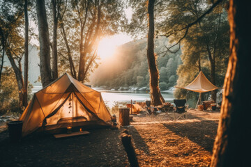 Beautiful morning landscape with camping tent at sunrise. Camping in the forest. Generative AI - obrazy, fototapety, plakaty