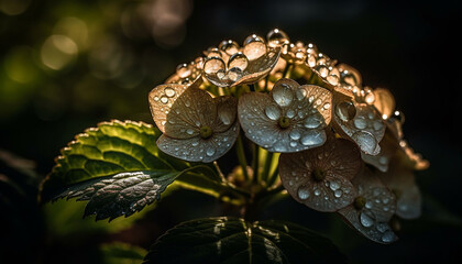 Shiny dew drops on green leaf, nature elegance generated by AI