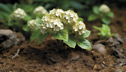 Fresh hydrangea blossom in small formal garden generated by AI