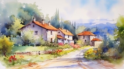 Fototapeta na wymiar Watercolor charming countryside village with cottage. AI generated