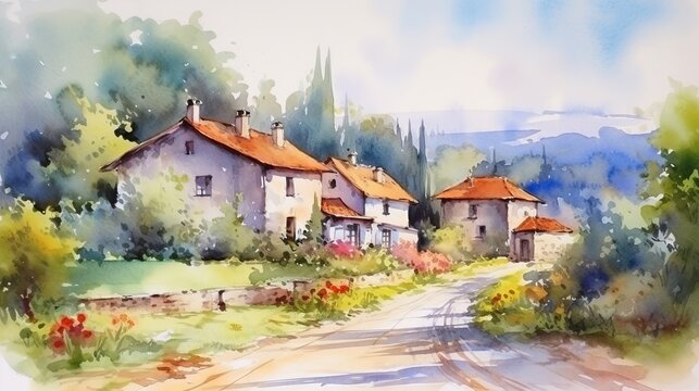 Watercolor charming countryside village with cottage. AI generated