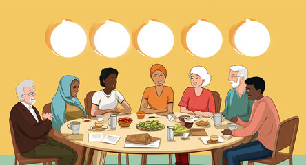 an infographic with of a small group of people who are of different ethnicities, geneders and ages, sitting around a table discussing a topic about community cohesion and inclusive media