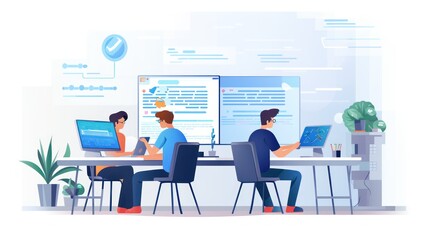 Scene depicting a team of developers working on mobile app development, coding for iOS or Android platforms