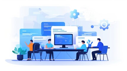 Scene depicting a team of developers working on mobile app development, coding for iOS or Android platforms