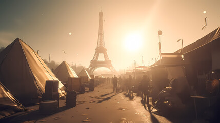 Refugee tent camp around Eiffel Tower in Paris city France, sun light. Concept of illegal immigrant of people to Europe. Generation AI - obrazy, fototapety, plakaty