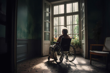 Fototapeta na wymiar Lonely sad elderly Senior person in wheelchair in nursing home looking out window. Generation AI