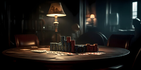 Fototapeta na wymiar Game Poker background banner, chips on table. Generation AI.