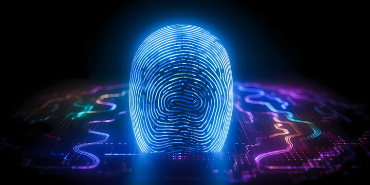 Security system with fingerprint on cyber technology neon background. Concept Protect personal data. Generation AI.