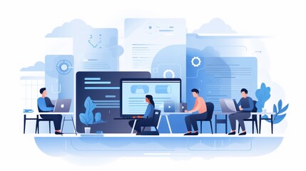 Scene depicting a team of developers working on mobile app development, coding for iOS or Android platforms