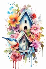 Watercolor cute birdhouse amongst blooming flowers. AI generated
