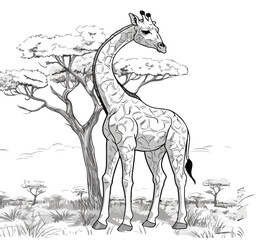 Fototapeta premium Black and white illustration of a giraffe on a tree background. vector illustration