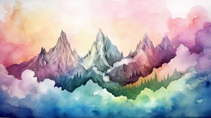 Fotobehang Watercolor dreamy mountain range with a rainbow. AI generated © Olive Studio