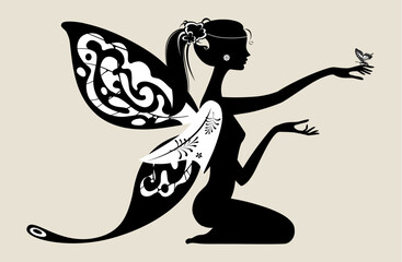 Isolated black silhouette of a sitting young fairy with wings and a butterfly on her hand. Vector illustration