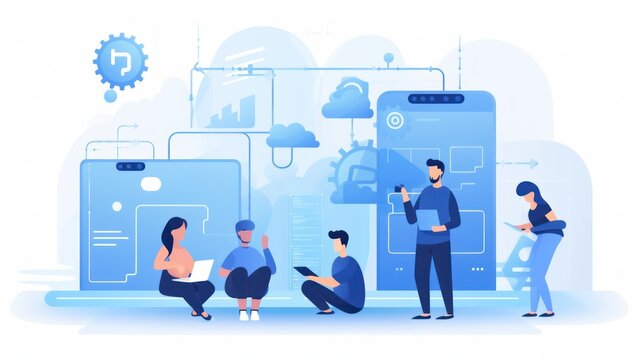 Scene depicting a team of developers working on mobile app development, coding for iOS or Android platforms