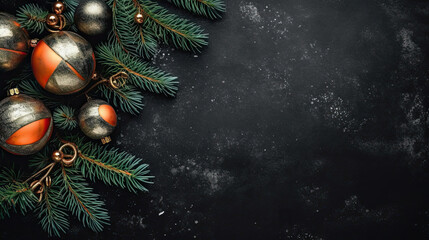 Christmas and New years eve Background. Beautiful Wide Angle Holiday Template with Christmas ball on fir tree and highlights. Web banner with copy space for design.