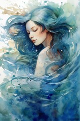 Watercolor gorgeous mermaid swimming in the ocean. AI generated