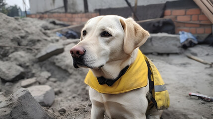 Rescue service dog labrador background of destroyed houses after the earthquake incident. Generation AI