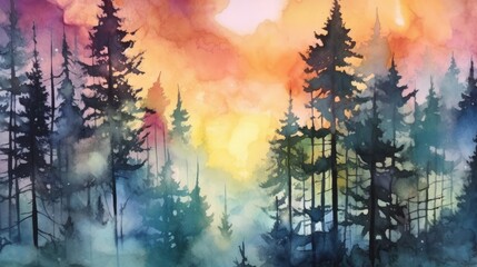 Watercolor gorgeous sunrise over a forest canopy. AI generated