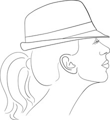 Line drawing of a woman in a hat. Vector illustration.