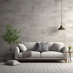 Light grey living room sofa with pillows, a lamp and a plant in front of a natural stone wall 