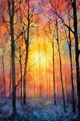 Watercolor gorgeous sunrise over a forest canopy. AI generated
