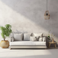 Light grey living room sofa with pillows, a lamp and a plant in front of a natural stone wall 
