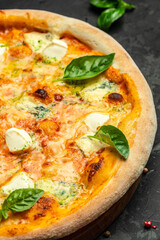 four cheese pizza on dark background, vertical image. top view. place for text