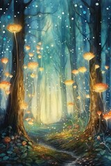 Watercolor magical fairy tale forest with fireflies. AI generated