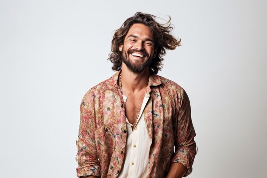 Portrait Of A Handsome Man Laughing And Looking Away Isolated On A White Background