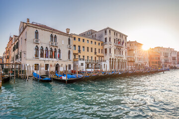 Fototapeta na wymiar The Grand Canal with gondolas in Venice at a beautiful sunny morning, Italy, Europe.