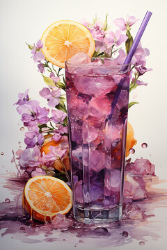 A painting of a purple drink with orange slices and purple flowers. Generative AI.