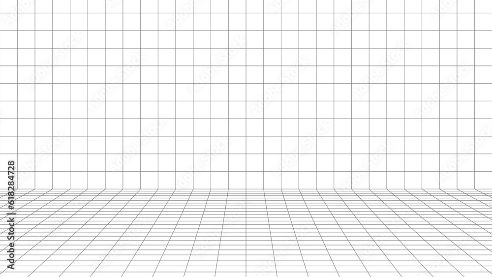 Poster Room projection grid in futuristic 3d style. Outline futuristic grid background, room projection with floor and wall. Wireframe grid template in perspective view. Vector