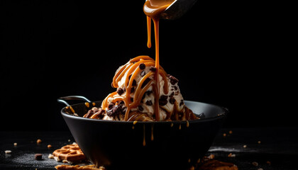 Fototapeta premium Indulgent chocolate fudge sauce on fresh ice cream generated by AI