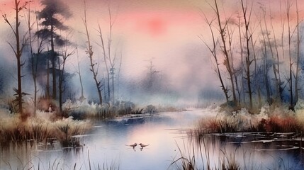 Watercolor misty morning over a calm pond. AI generated