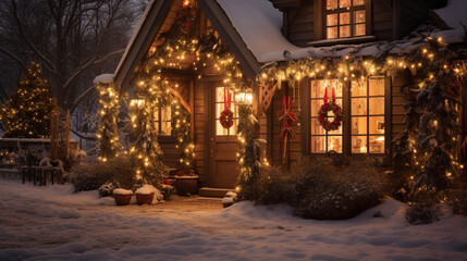 Fototapeta na wymiar Illustration, AI generation. Wooden cottage, decorated with Christmas lights.