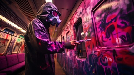 a underground teenager with his face hidden by a mask and a hoodie spraying graffiti on a train wall to demonstrate his portest and express himself. Generative AI - obrazy, fototapety, plakaty