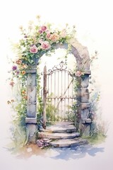 Watercolor peaceful garden gate with vines and flowers. AI generated