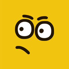 Surprised emoticon in doodle style. Cartoon face expressions isolated on yellow background