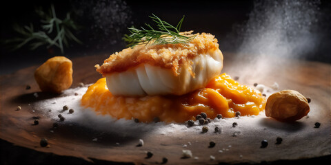 Fototapeta na wymiar Molecular cuisine take on fish and chips with crispy potato foam and a sous-vide fish filet