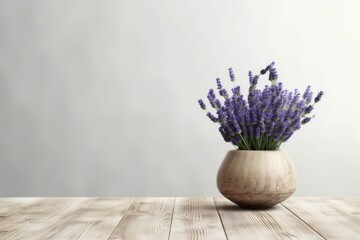 lavender in a unique vase with wooden desk