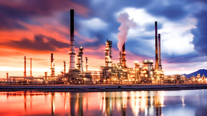 Fototapeta premium Refinery plant of a petrochemical industry on beautiful sunset sky background. 