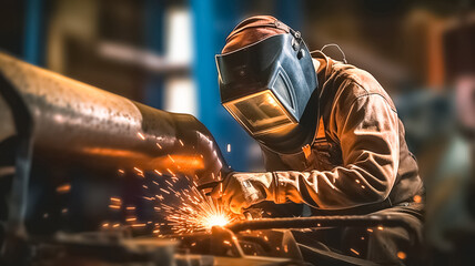 Man wearing helmet and protective gear for cutting metal and doing welding. Heavy-duty industry and manufacturing plant, iron and metal industry worker.