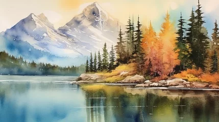 Tuinposter Watercolor serene landscape of mountains and a lake. AI generated © Olive Studio