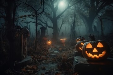 Obraz premium Halloween Pumpkins in a cemetery on a spooky night. Halloween background. Generative AI