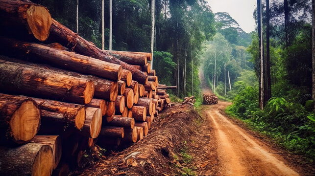 timber carrier, Log stacks along forest road