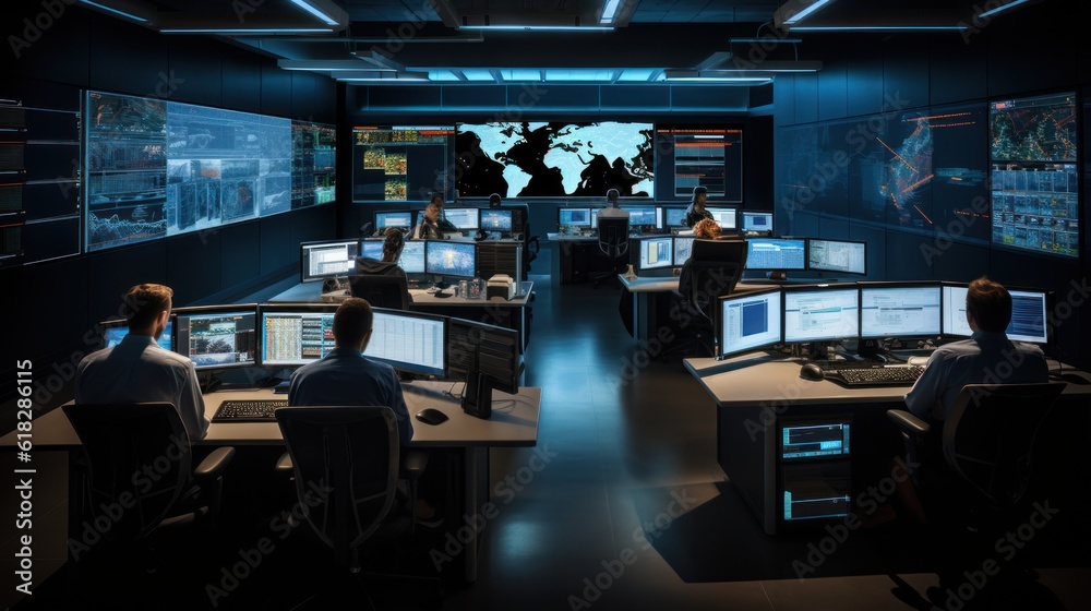 Sticker network operations center ( noc) with technicians monitoring network traffic, troubleshooting issues